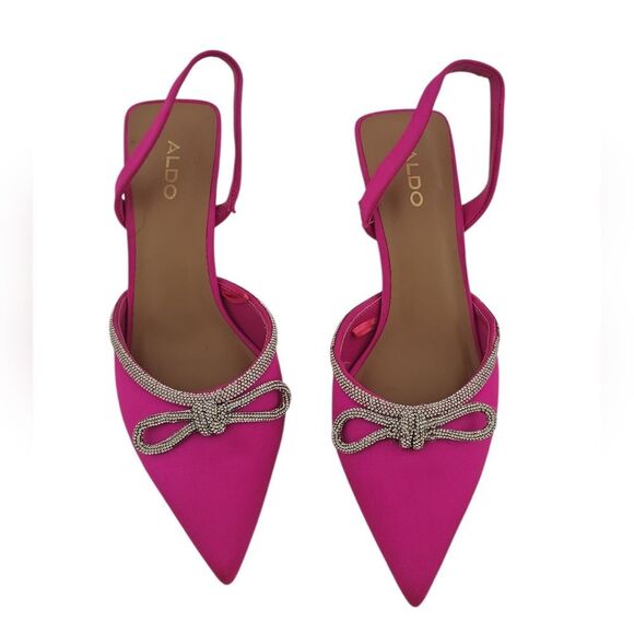 New- Aldo Pink Satin Effect Crystal Rhinestone Bow Slingback LacqueredHeels - Picture 5 of 12